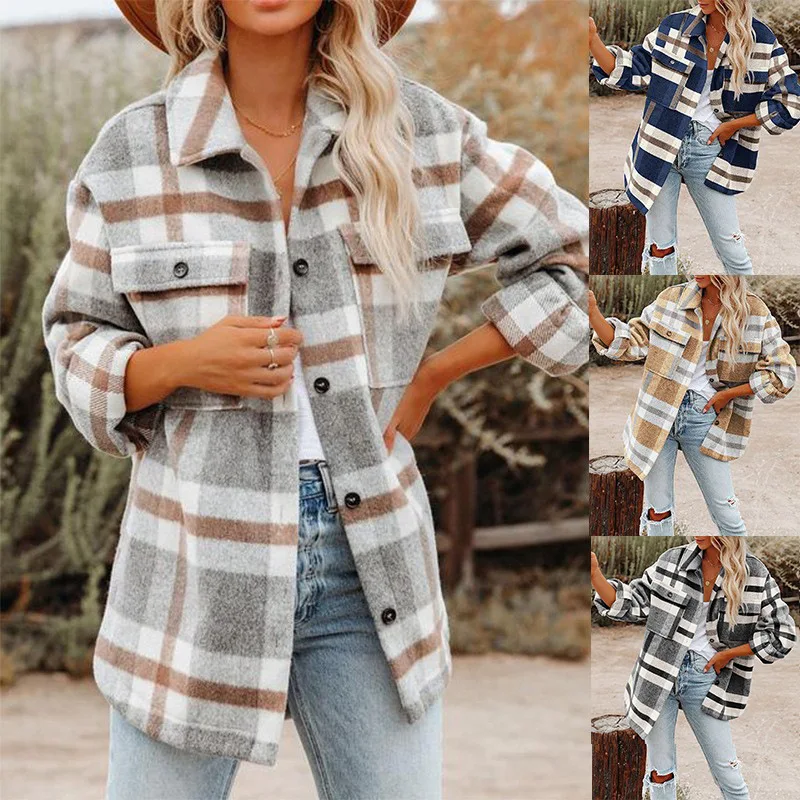 

Women Plaid Shirt Jacket Pocket Design New Oversize Lapel Neck Long Sleeve Cardigan Coat Casual Street Fashion Style Women Coat