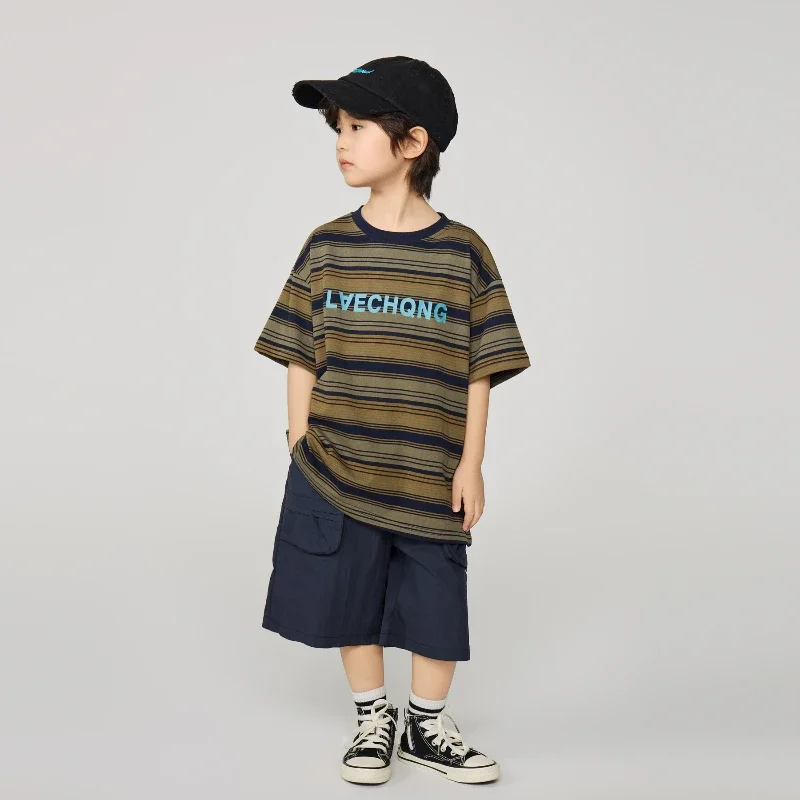 

2025 Summer New Children's Casual Letter Printed Contrasting Striped Short Sleeved T-shirt