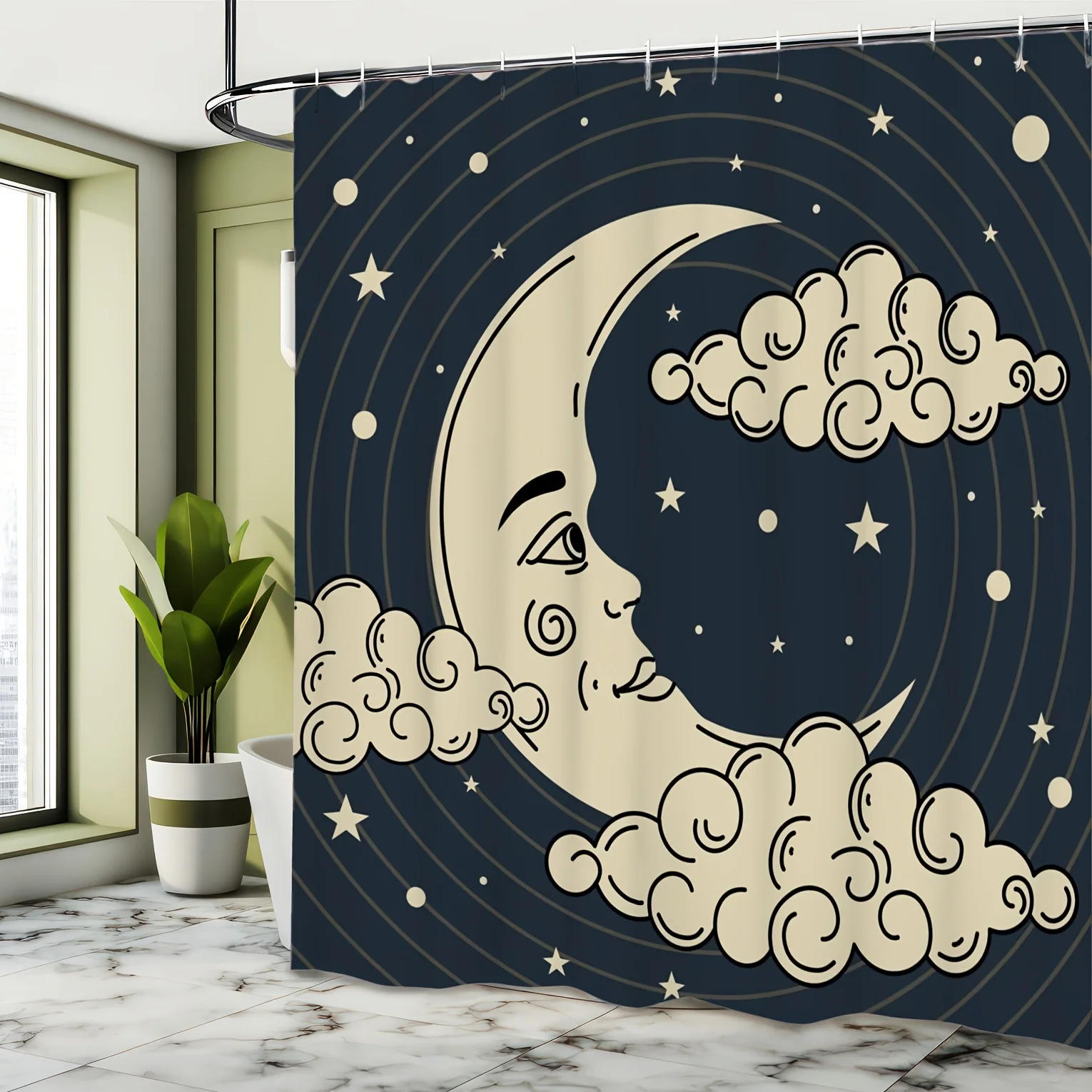 

1 шт., занавеска для душа с цифровым принтом «Причудливая мультяшная луна и звезды» — машинная стирка, полиэстеровый декор для ванной комнаты с крючками, темно-синий