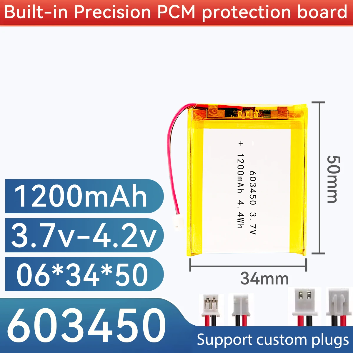 603450 3.7V 1200mAh Li-Polymer Li-ion Battery with jst1.25 PH2.0 XH2.54mm 2pin plug For MP3 Laptop PC Camera GPS navigator Cell