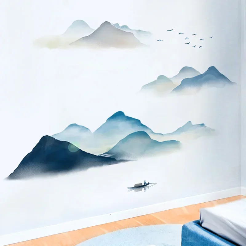 Ink Smudge Light Blue Mountain Background Wall Decoration Stickers Bedroom Bedside Chinese Artistic Conception Wall Stickers