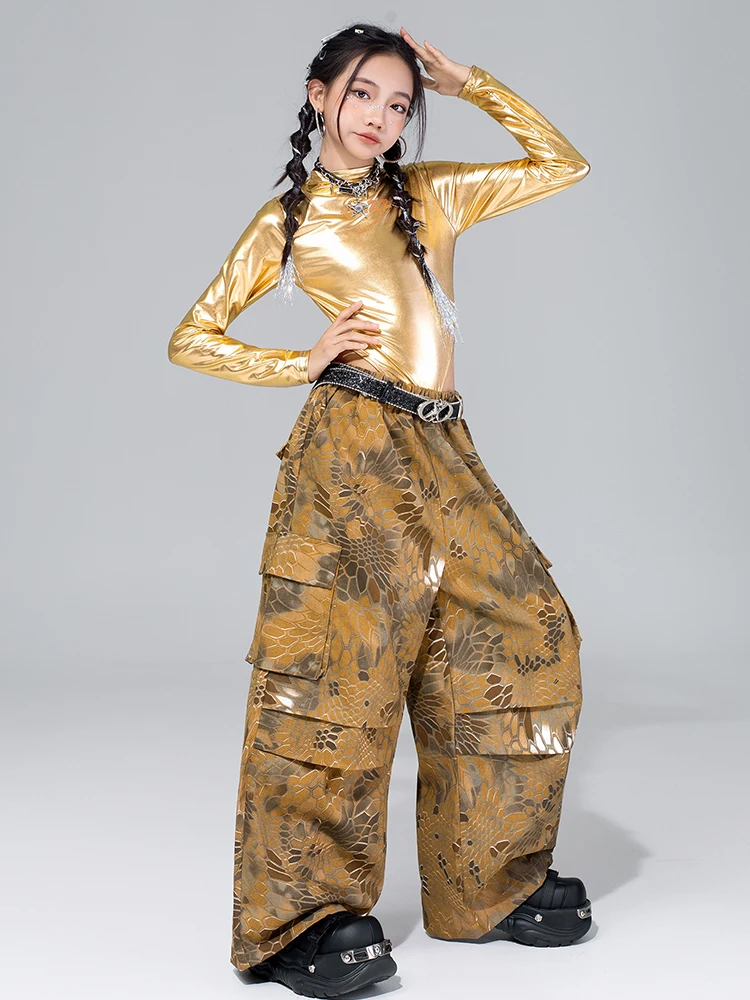 2025 roupa de jazz meninas kpop palco mostrar traje ouro dança desempenho outfit hip hop roupas de dança de rua criança moda calças 4588