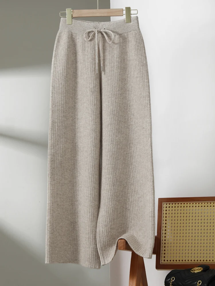 

Vertical Stripe Jacquard Wool Wide-Leg Pants Autumn Winter Women’s 100% Merino Wool Knitwear Casual Loose Thick Warm Trousers