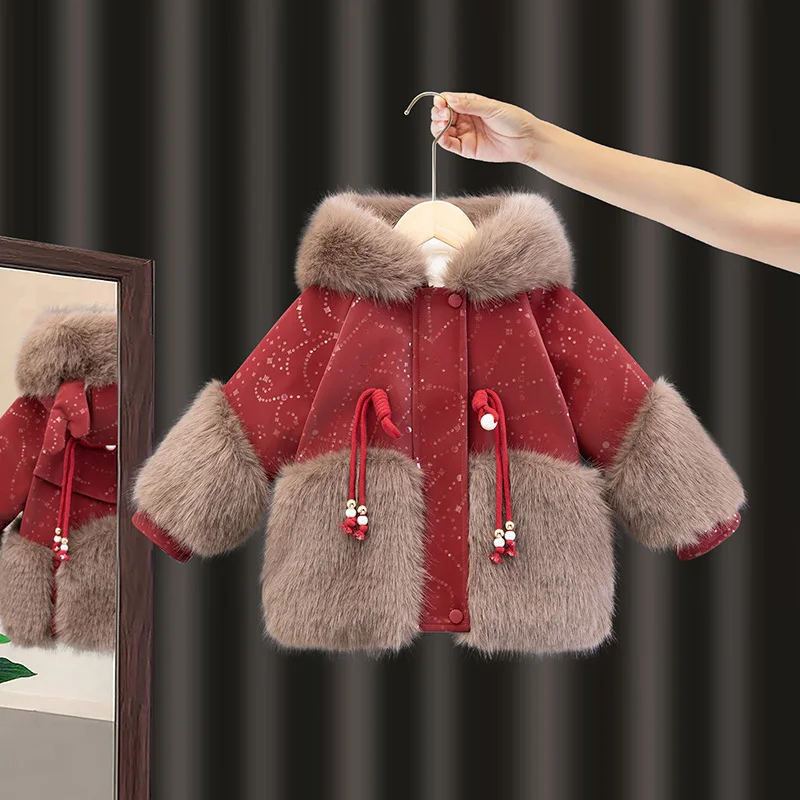 

Детская зимняя куртка для девочек, утепленная, красная, на Новый год, хлопковая, теплая, в китайском стиле