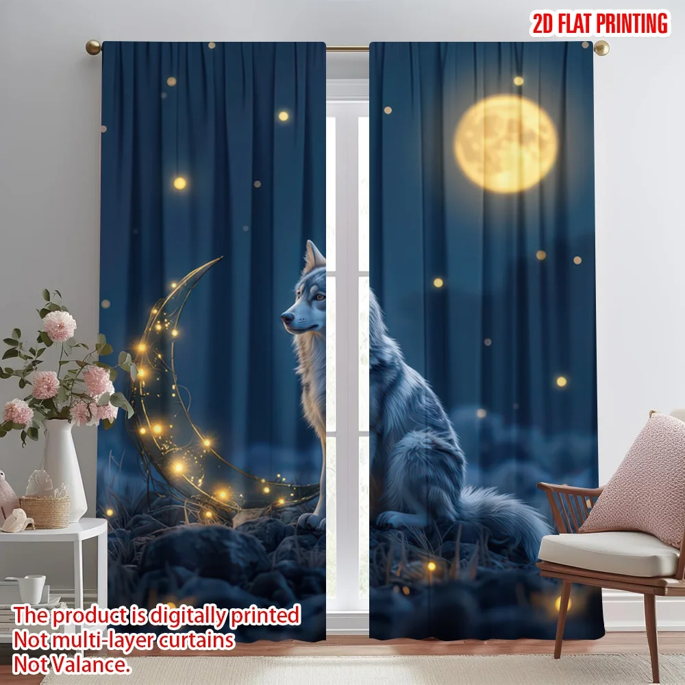

2D flat printing 2pcs Curtains Wolf Under Moonlight Digital Printed Polyester Drapes Family Party Decoration Use for Holiday