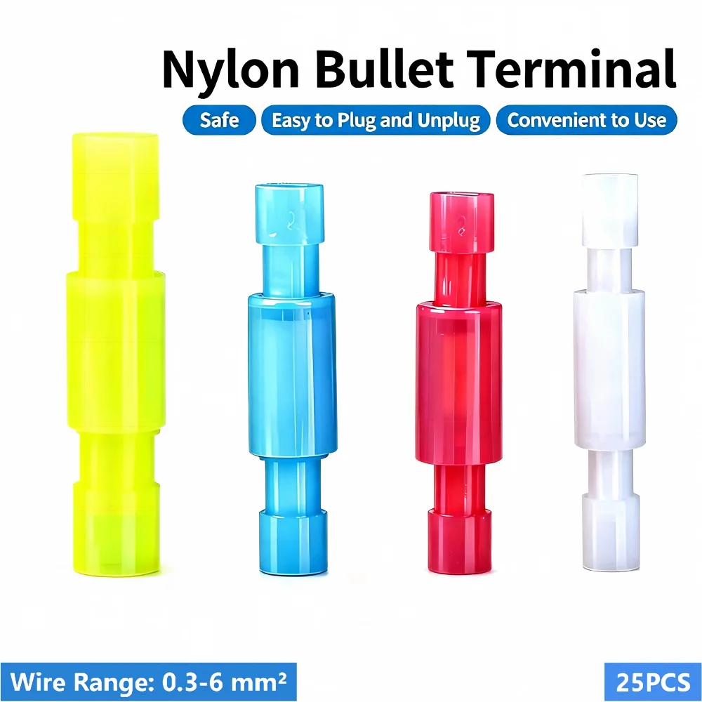 25PCS Nylon Bullet Fully Insulated Male Female Butt Connector Quick Splice Crimp Terminal Wire Cable Plug Connector