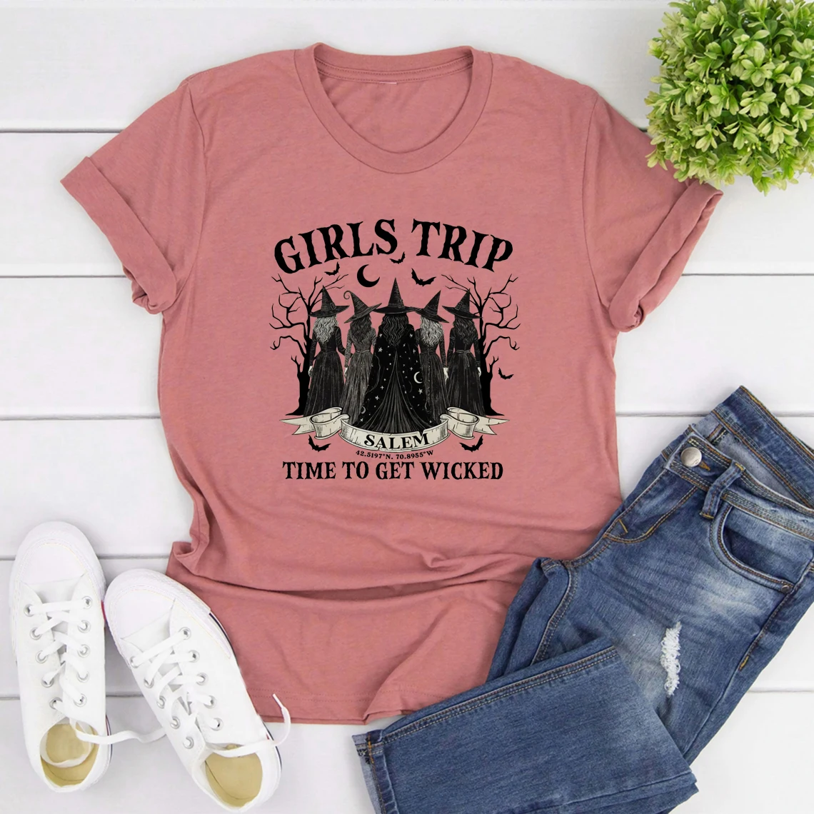 خمر الفتيات رحلة سالم تي شيرت هالوين الساحرة قميص الرجعية قصيرة الأكمام النساء تي شيرت سالم الساحرة المحملة مخيف الموسم التي شيرت