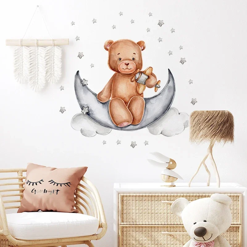 

Cute Teddy Bear with Toy Moon Stars Wall Stickers Wall Art Decal Decoration Baby Nursery kids Room Removable Decorative Stickers