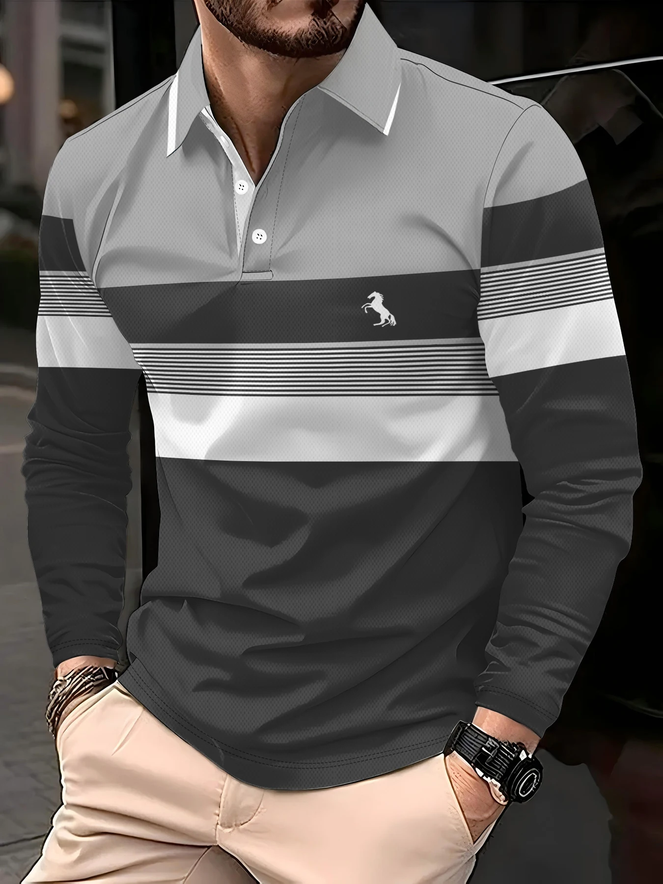 Men's Polo shirts for autumn and winter with fashionable buttons featuring daily stripe patterns long-sleeved Polo shirts