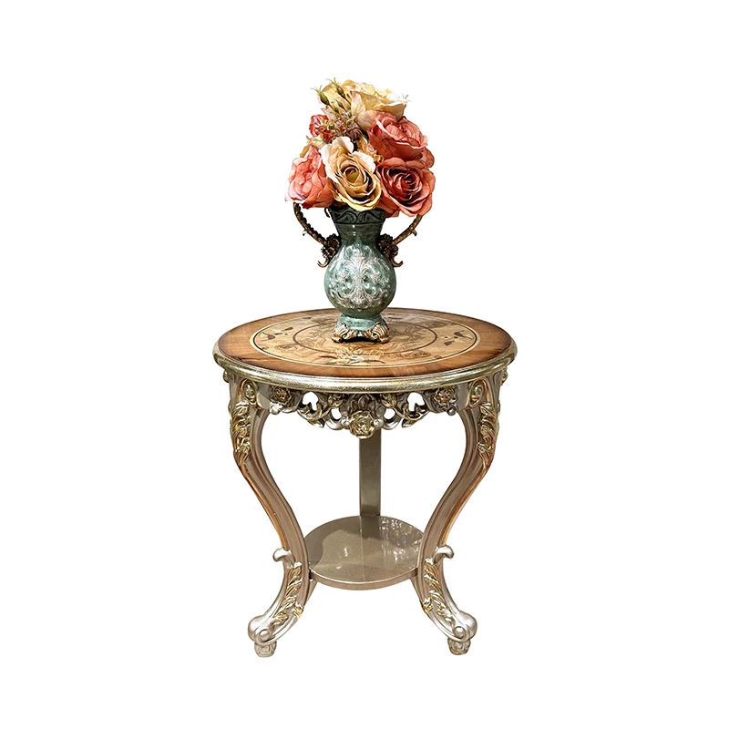 

French small round coffee table, European luxury solid wood living room sofa side table