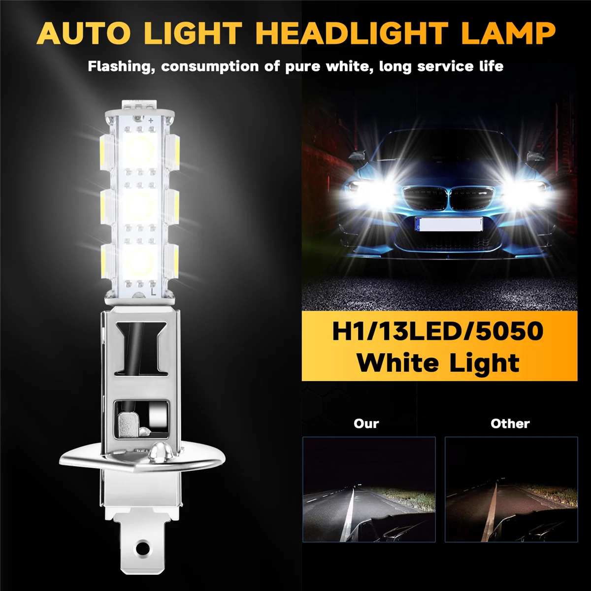 白い自動ヘッドライトランプ,SMD 5050 LEDチップ,H1, 13, 2個