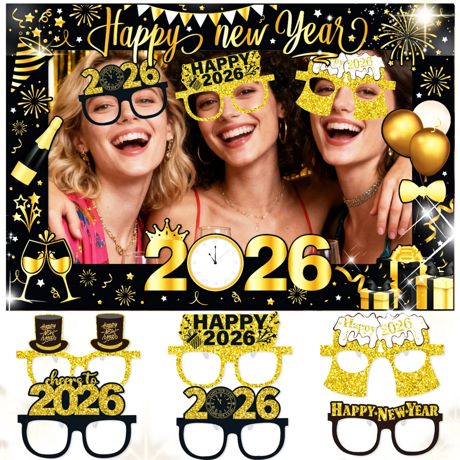 

LaVenty 2026 Happy New Year Photo Booth Props Frame 2026 Party Supplies Photoshoot Props