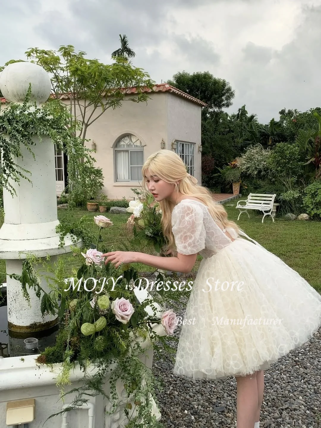 Mojy gola quadrada mini linha a vestidos de baile curtos de tule de seda ̄tzo Personalizza espartilho nas costas vestido de casamento coreano sessão de fotos