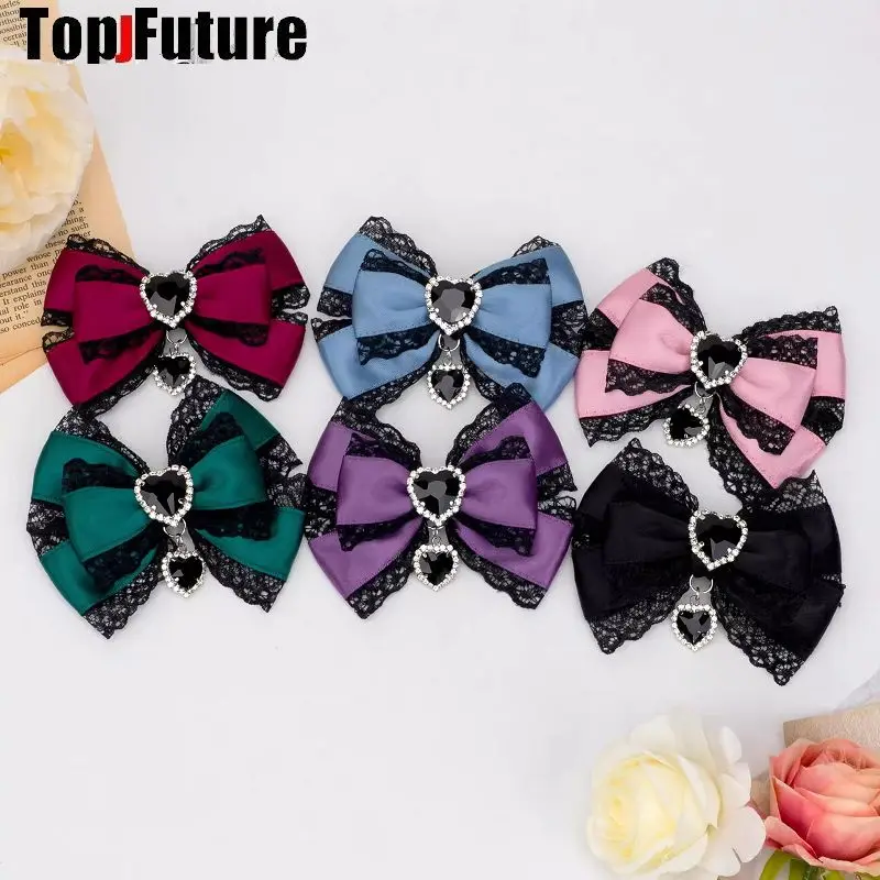 Women Harajuku Y2K Girl Gothic Lolita Headwear lace rhinestone bow hair clip dopamine jewelry Hairpin clip