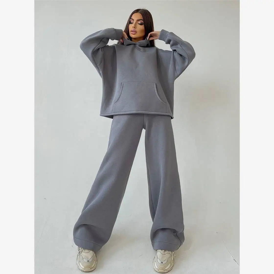 

Women's Autumn Winter Hooded ket Loose Sweatirt Wide Leg Pants Two Piece Set Faionable Casual Outfit Handmade Sewn