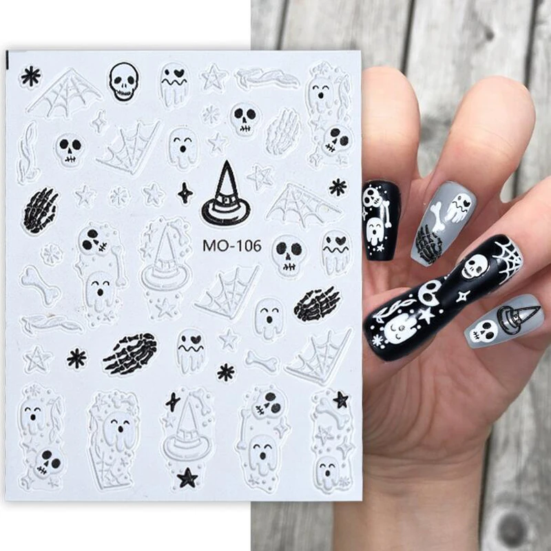 ฮาโลวีนสติกเกอร์เล็บ 3D สีชมพูฟักทองรูป Skull ตลกกาวเล็บ Wraps Decals ตกแต่งเล็บ Uñas Postizas Ofertas