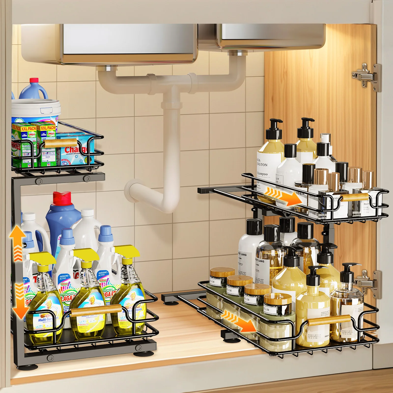 2 Tier Sliding Under Sink Organizer Height Adjustable Pull Out Cabinet Organizer Multi-purpose Storage Rack For Kitchen Bathroom