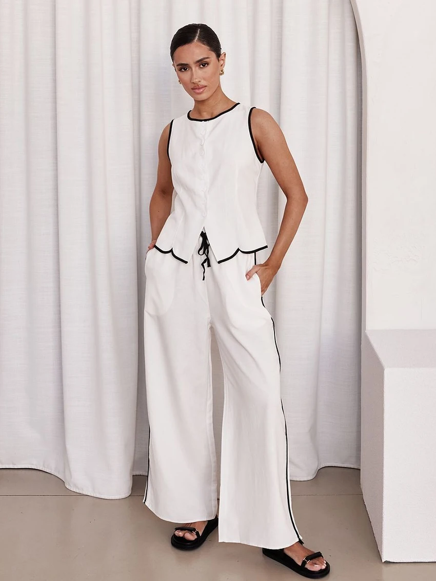 Marthaqiqi Home Clothes Female Sleeveless Pajamas O-Neck Nightgowns Crop Top Nightwear Pants Casual Women Sleepwear 2 Piece Set