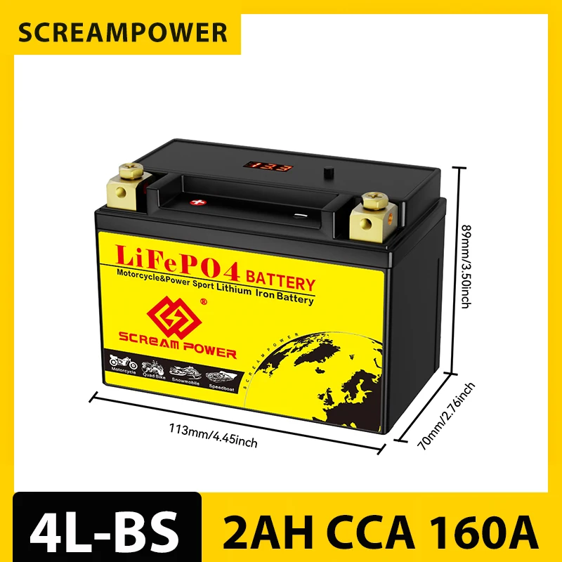 4L-BS 12V 2Ah Lithium Motorcycle Battery 160CCA LifePo4 Rechargeable Battery for Kawasaki,Polaris,Motorcycles, ATVs,Scooters