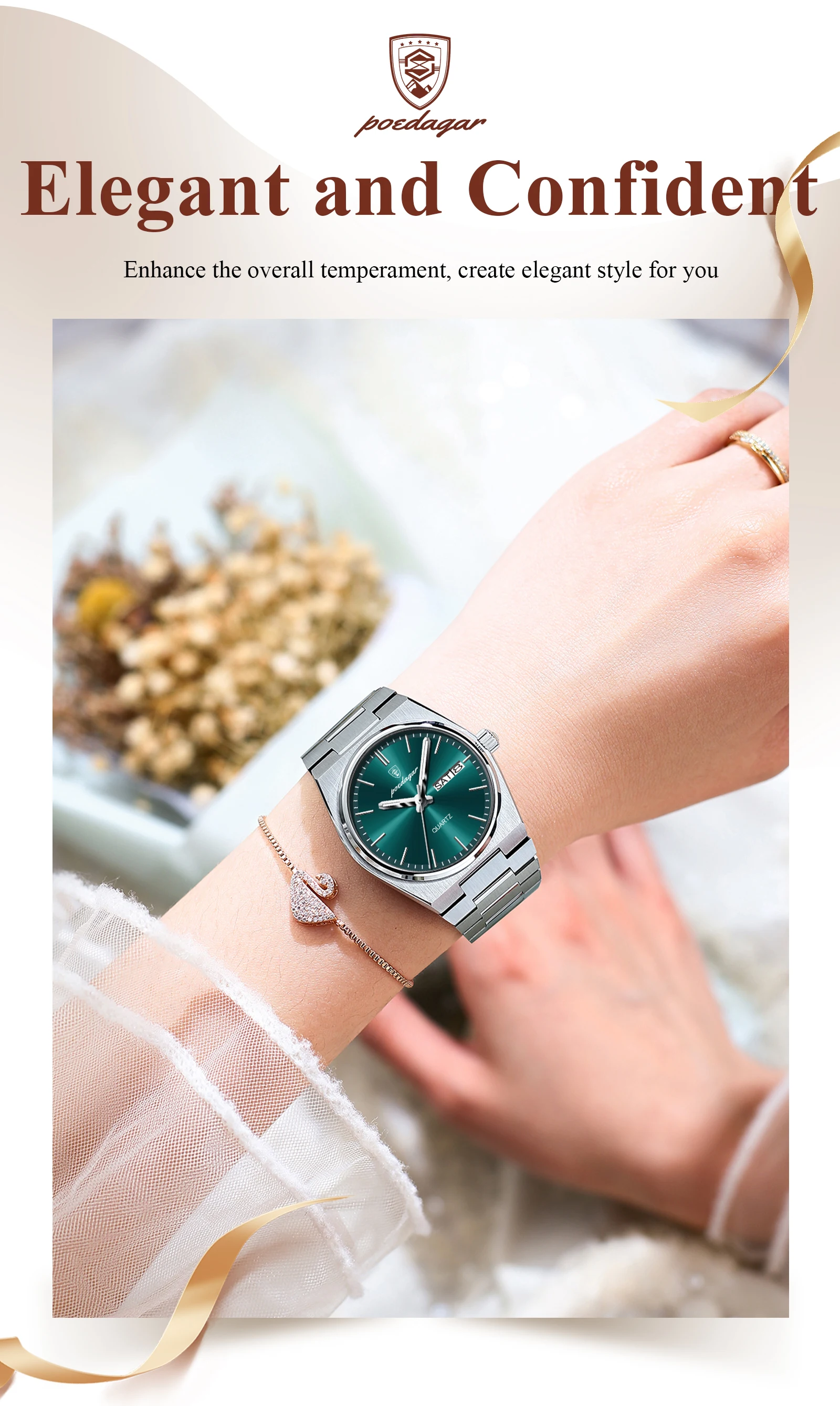 POEDAGAR Elegante Uhren Für Frauen Wasserdicht Leucht Datum Woche Damen Uhr Quarz Edelstahl Frau Mode Armbanduhr – Detail 4