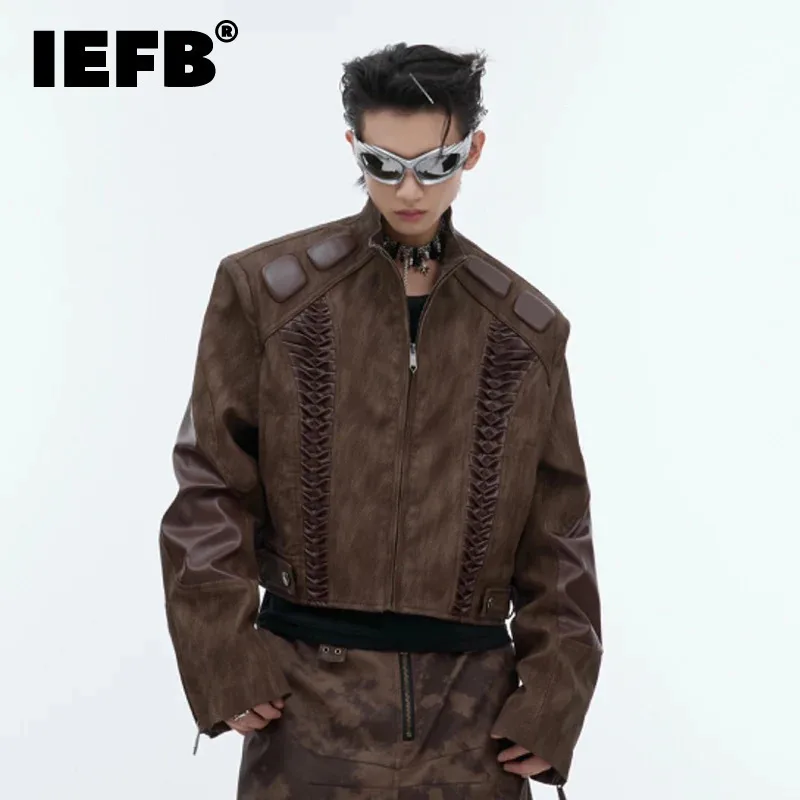 

IEFB Vintage High Street Male Jackets Three-dimensional Pleated Short Shoulder PU Leather Jacket Spliced Motorcycle 24E1827