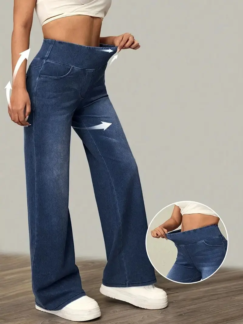 Damen-Jeans, neue elastische Taille, hoher Stretch, lockere Hose mit geradem Bein, trendige, bequeme, vielseitige, grenzüberschreitende Hose – Detail 5