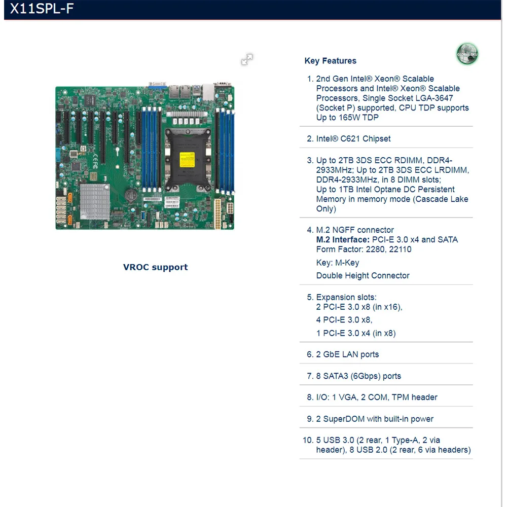 

For Supermicro Single-channel LGA3647 Server Motherboard C621 Chipset DDR4 Support 2nd Gen Intel Xeon X11SPL-F