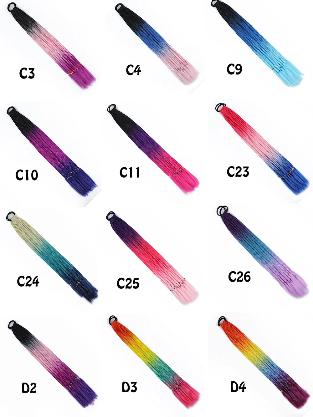 Synthetische Farbverlaufsfarbe, schmutzige geflochtene Pferdeschwanzverlängerungen mit elastischem Band, 61 cm, Regenbogen-Zopf-Pferdeschwanz-Haarteil für Mädchen – Detail 7