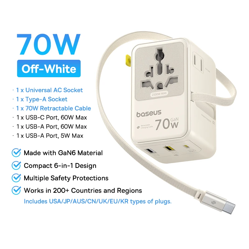 【NIEUW】Baseus 6-IN-1 GaN Telefoonoplader Universele reisadapter 45W/70W Intrekbare kabel 2AC-aansluiting EU/UK/US-stekker USB-oplader