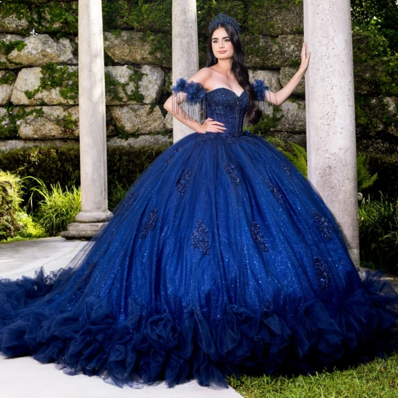 

Navy Blue Shiny Quinceanera Dresses Off The Shoulder Applique Lace Beading Crystal Tiered Tull Corset Party Birthday Sweet 16