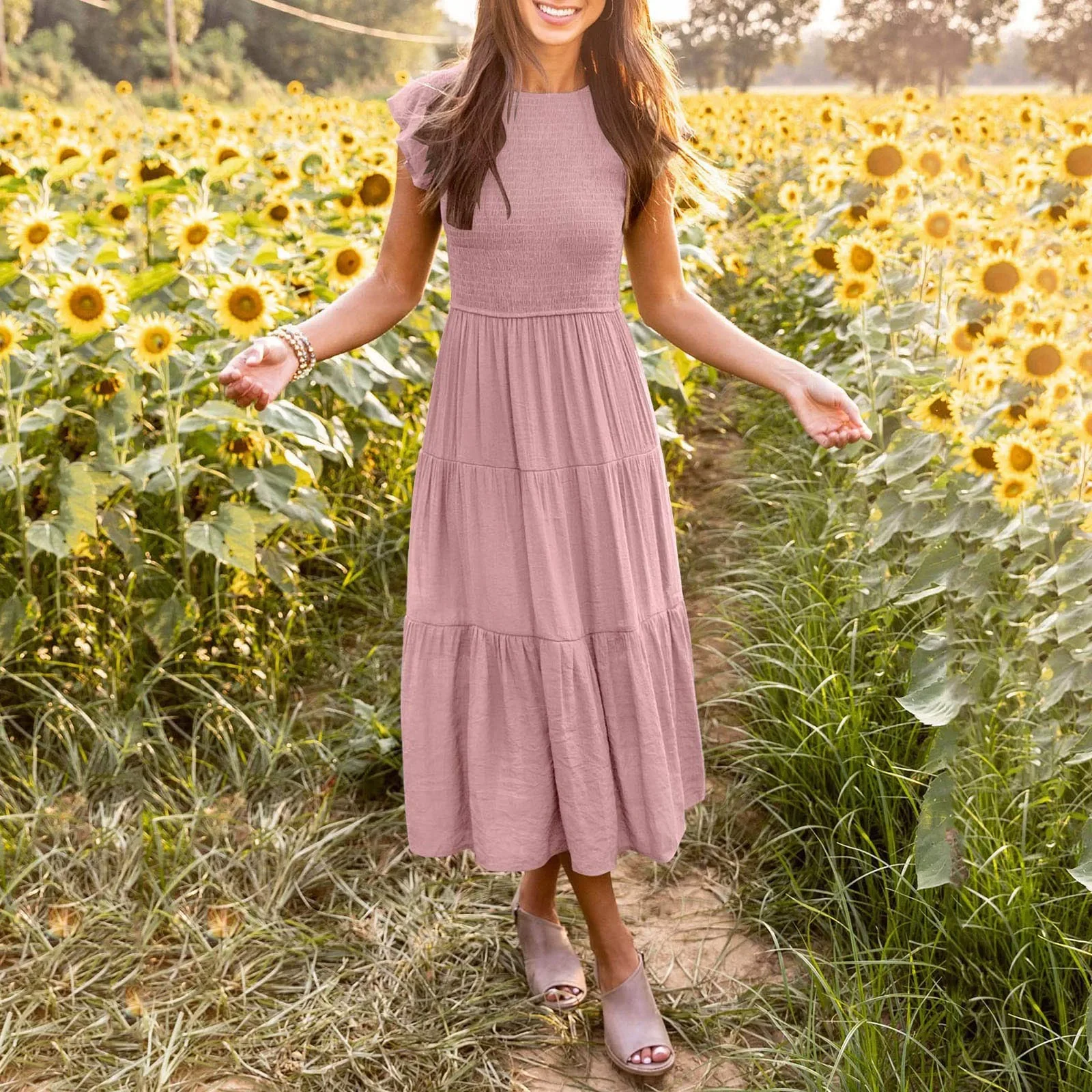 Dames Lange Jurk Mouwloos Gesmokt Elastische Taille Gelaagde Midi Jurk Vrouw Zomer Ronde Hals Zon Jurken Wit Strand Vestido