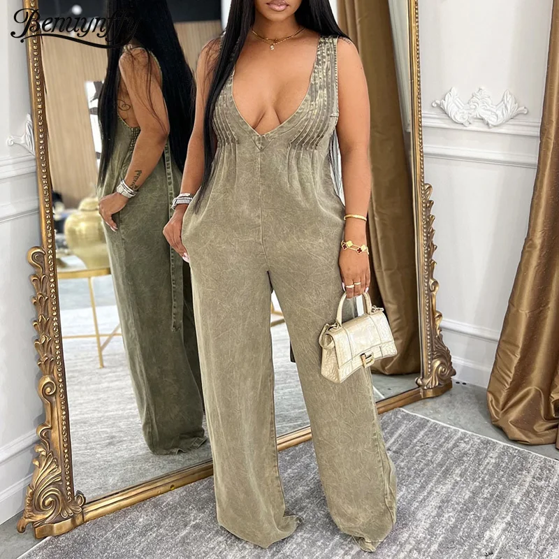 

Benuynffy однотонный свободный комбинезон без рукавов с открытой спиной, женский летний сексуальный уличный комбинезон для ночного клуба, женский джинсовый комбинезон