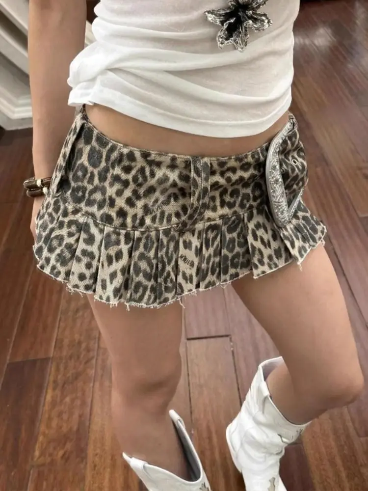 Minifalda vaquera con estampado de leopardo y diseño de calle alta Y2k Spice Girl Falda plisada de cintura baja para mujer