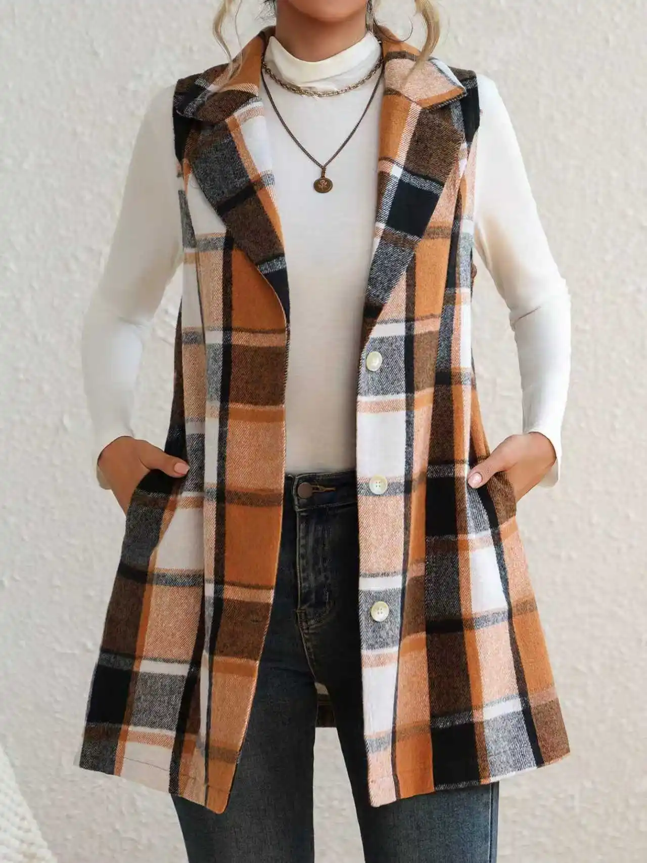 سترة أزياء السيدات معطف بلا أكمام سترة طية صدر السترة منقوشة في الربيع والخريف #5