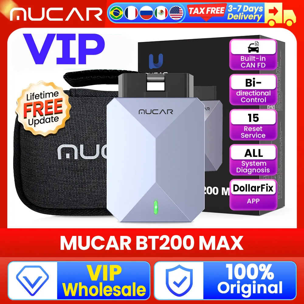 10-100 PCS MUCAR BT200 MAX AI Automotive Tool OBD2 Bluetooth Scanner CANFD Bidirectional 15 Reset Full System For All Cars