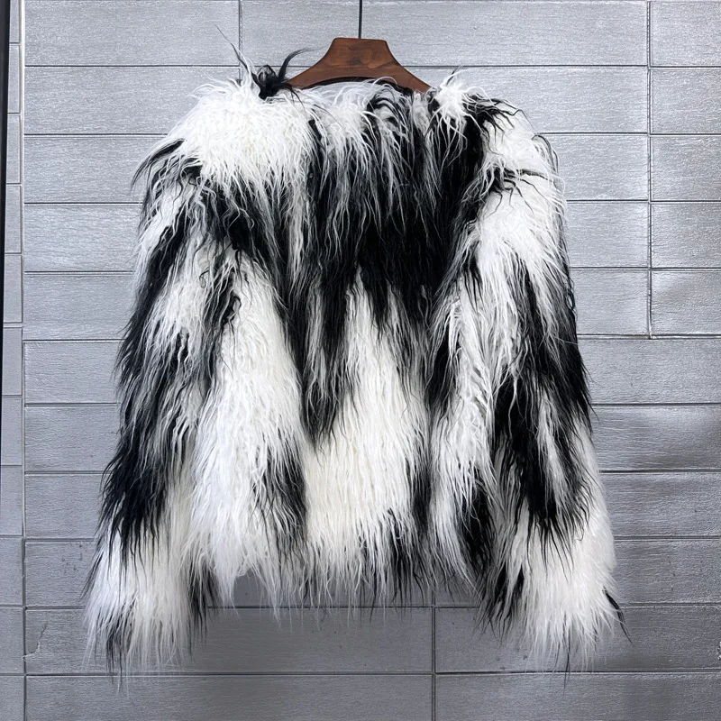 Women's Short Fur Coat White Artificial Fur coats Long Sleeve Mongolia Sheep Fur Jackets Round Neck Solid Colour Plush Jacket