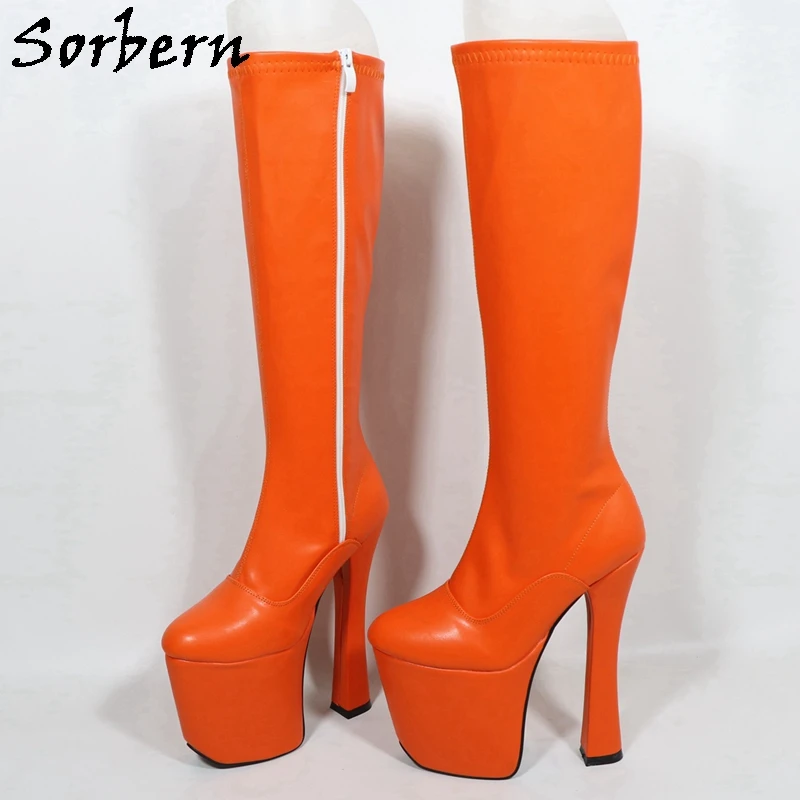 Sorbern Fetish Block Heel Boots Women 20Cm Extreme High Heels Knee High Thick Platform Crossdresser Women Shoes Custom Wide Fit