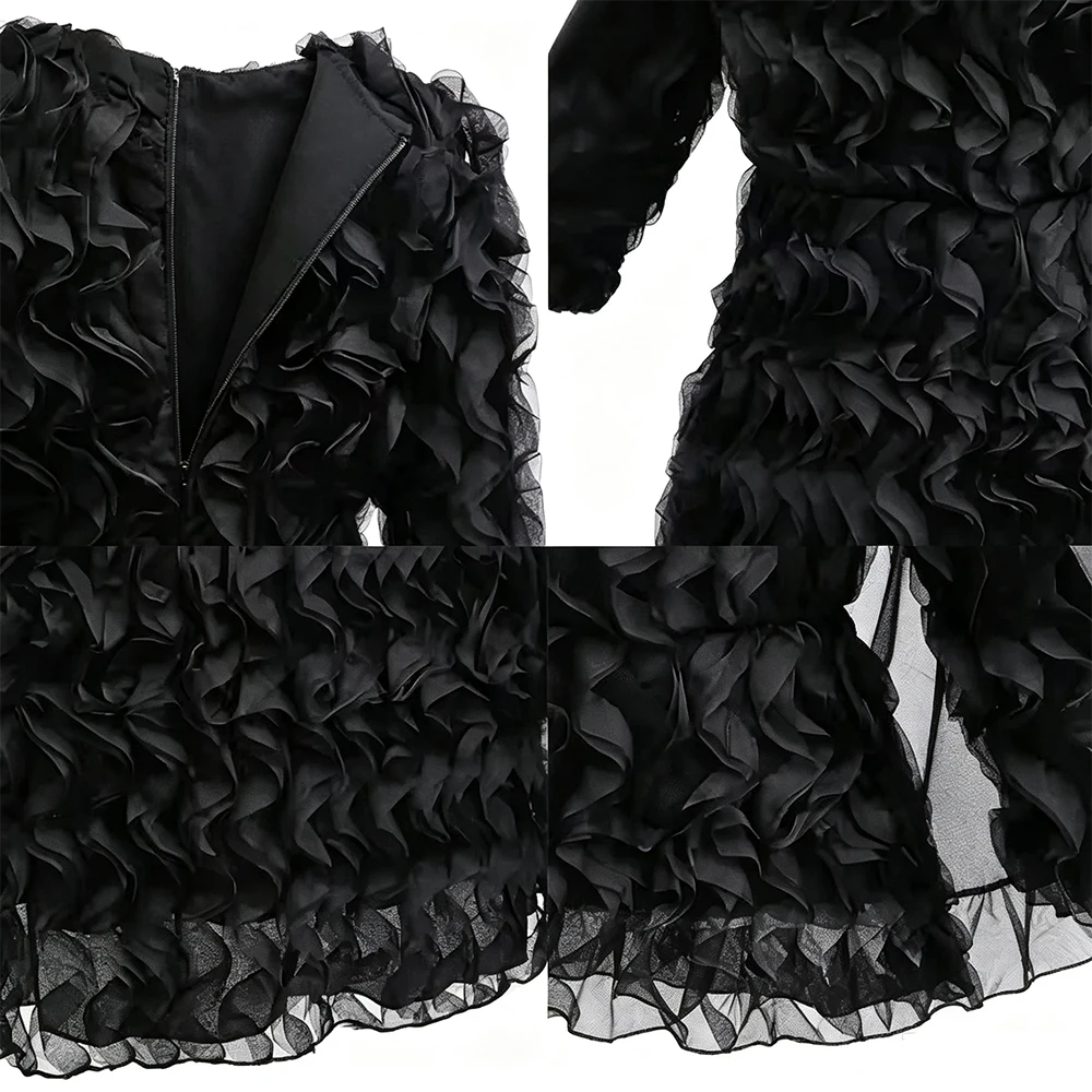 Schwarzes Hexenkostüm für Mädchen, gerüschtes Tüllkleid mit Umhang, langärmeliges gotisches Abendkleid für Kinder, Halloween, Karneval, Geburtstagsfeier – Detail 7