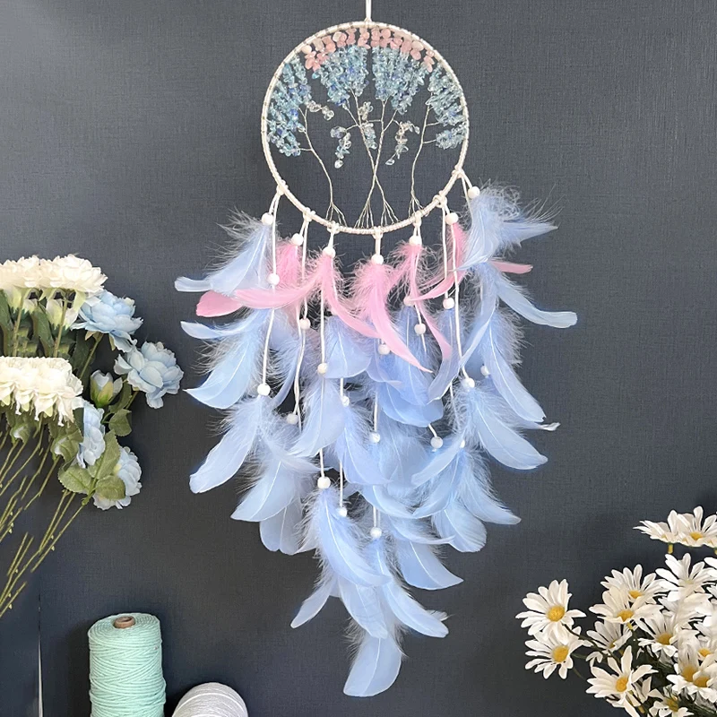 Dream Catcher Crystal Tree Of Life Blue Feathers Wind Chimes Bedroom Hanging Ornaments Birthday Festival Gifts Home Decorations