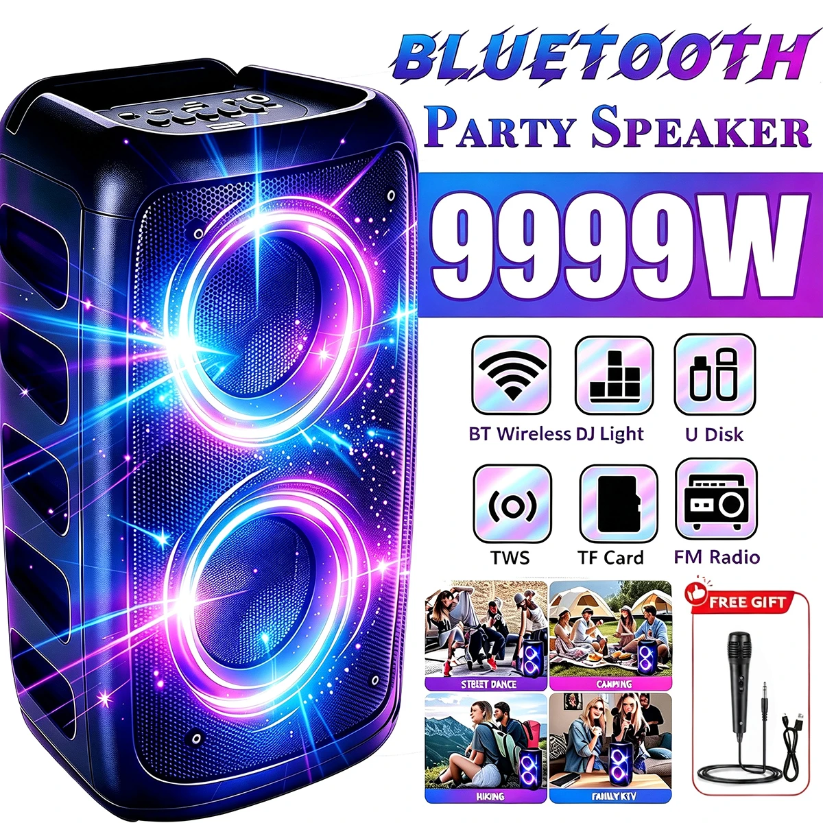 9999W Professional Large Bluetooth Speaker with Microphone, Portable Design, Featuring  Subwoofer Party Box, LED Lights, Compatible with BT/USB/TF/AUX/FM/TWS/MIC/EQ Functions, Professional Karaoke. Ideal Gift for Birthdays, Christmas, and New Year