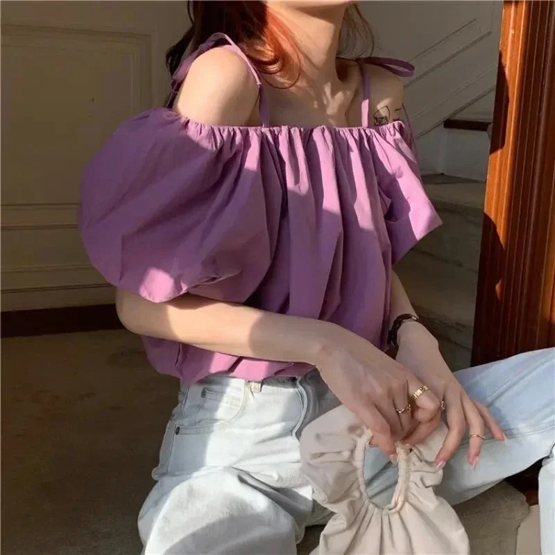 Puff Sleeve Crop Tops Sexy Off Shoulder Backless Blouses Women's Korean Fashion T-shirt Casual Streetwear Purple Shirts