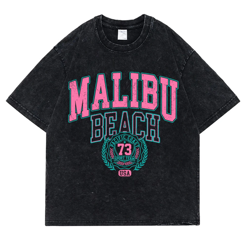 Malibu Beach Usa Letter Washed Retro Snow T-Shirts Men Oversized Cotton Tee Clothing Summer O-Neck Tops Casual Loose T Shirt