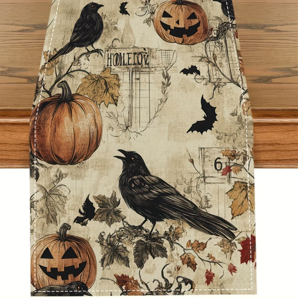 1pc HandDrawn Gothic Table Runner Suitable For Halloween Distressed Crow & Bat Print With Grinning Raven, Pumpkin