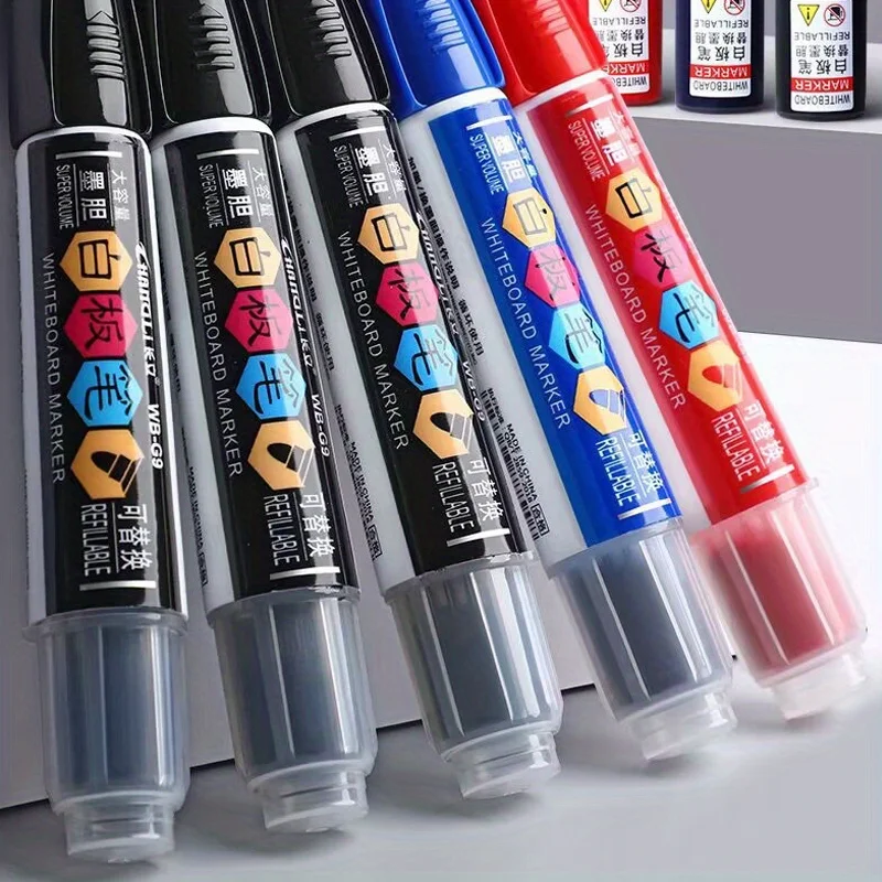 1 علامة + 1 زجاجة حبر، علامة سبورة بيضاء ذات سعة عالية قابلة لإعادة الملء باللون الأسود/الأزرق/الأحمر مع طرف عريض قابل للمسح