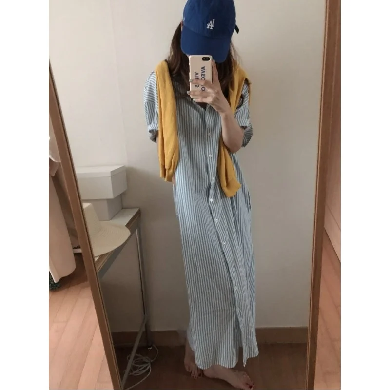 Fashionable Korean Style Striped Dress Summer 2026 Chic Casual Design Commute Friendly Shirt Dress Thin Material Short Sleeve