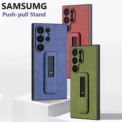 Luxury Leather Push Pull Stand Holder Case For Samsung S24 Ultra S23 Plus S22 S21 Camera Protection Shockproof Silicone Cover
