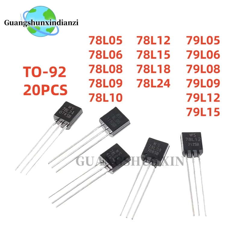 20PCS Regulator Triodes 78L05 78L06 78L08 78L09 78L10 78L12 78L15 78L18 78L24 79L05 79L06 79L08 79L09 79L12 79L15 TO-92