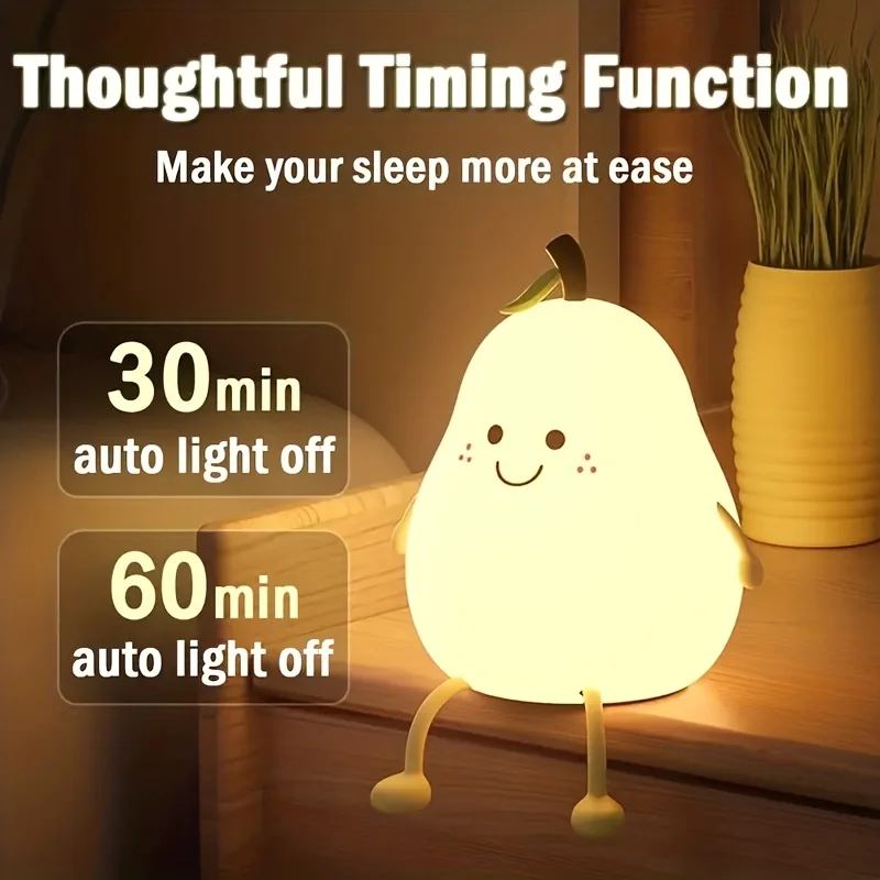 1pc Cute Pear Night Light Silicone Night Light USB Rechargeable Nursery Lamp LED Light Multicolor Night Lamp For Bedroom Gift