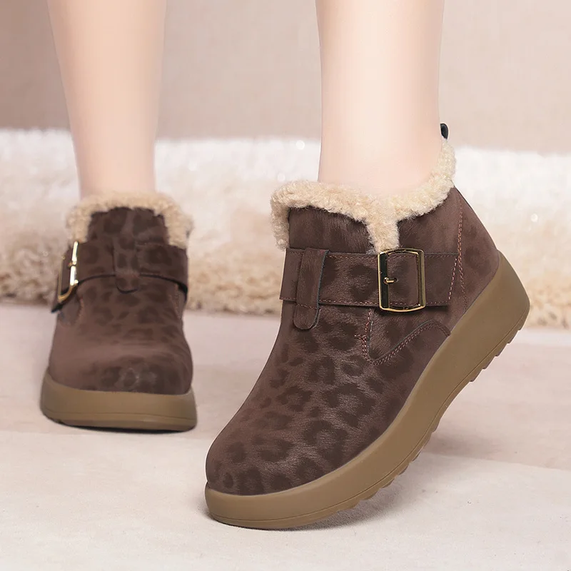 Todo fósforo Retro cómodo zapatos de plataforma plana con parte inferior gruesa botas de leopardo 2025 invierno cálido hebilla de piel botines Oficina mamá