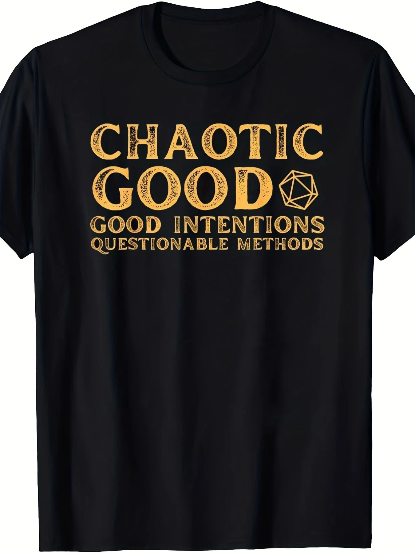 Plus Size, Chaos Kindness Declaration Plus Size T-Shirt- Black Short Sleeve Shirt with Golden Stamping Vintage Print, Decorated with D20 Dice Pattern, Designed for Role-Playing Players and Daily Wear, Eye-Catching Design Highlights Unique Style